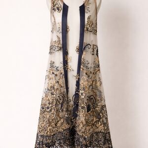 Elegant Asymmetrical Dress with Gold and Navy Embroidery